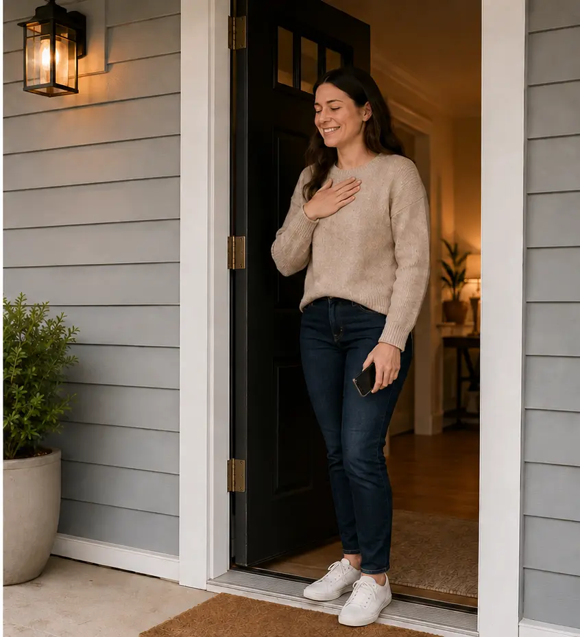 The same illustrative customer smiling with relief inside the now-open front door