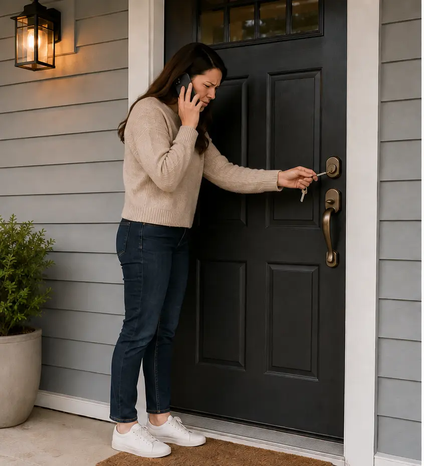 Illustrative customer distressed and calling for help while unable to enter her home