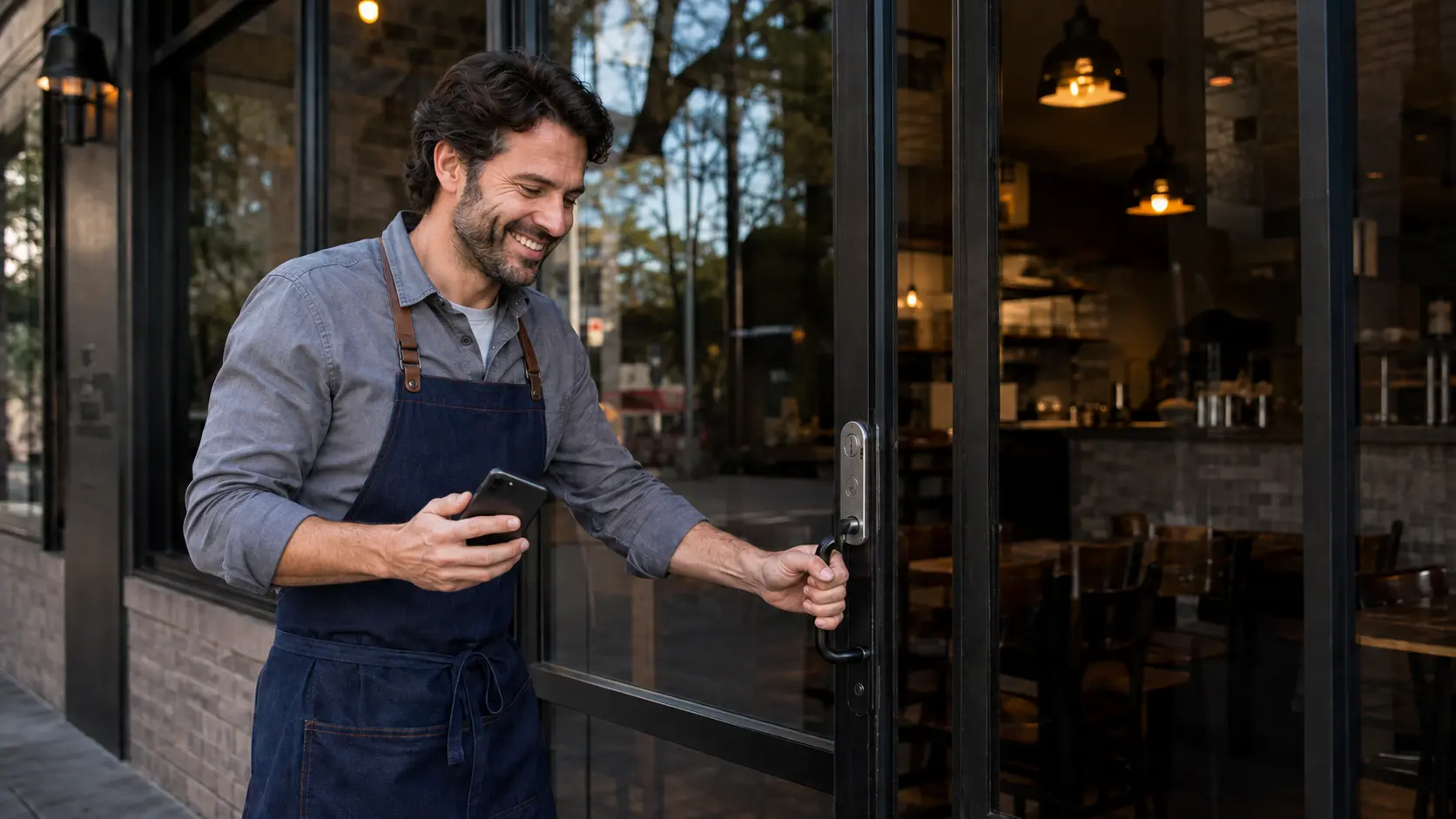 The same illustrative restaurant owner smiling with relief beside the now-open entrance