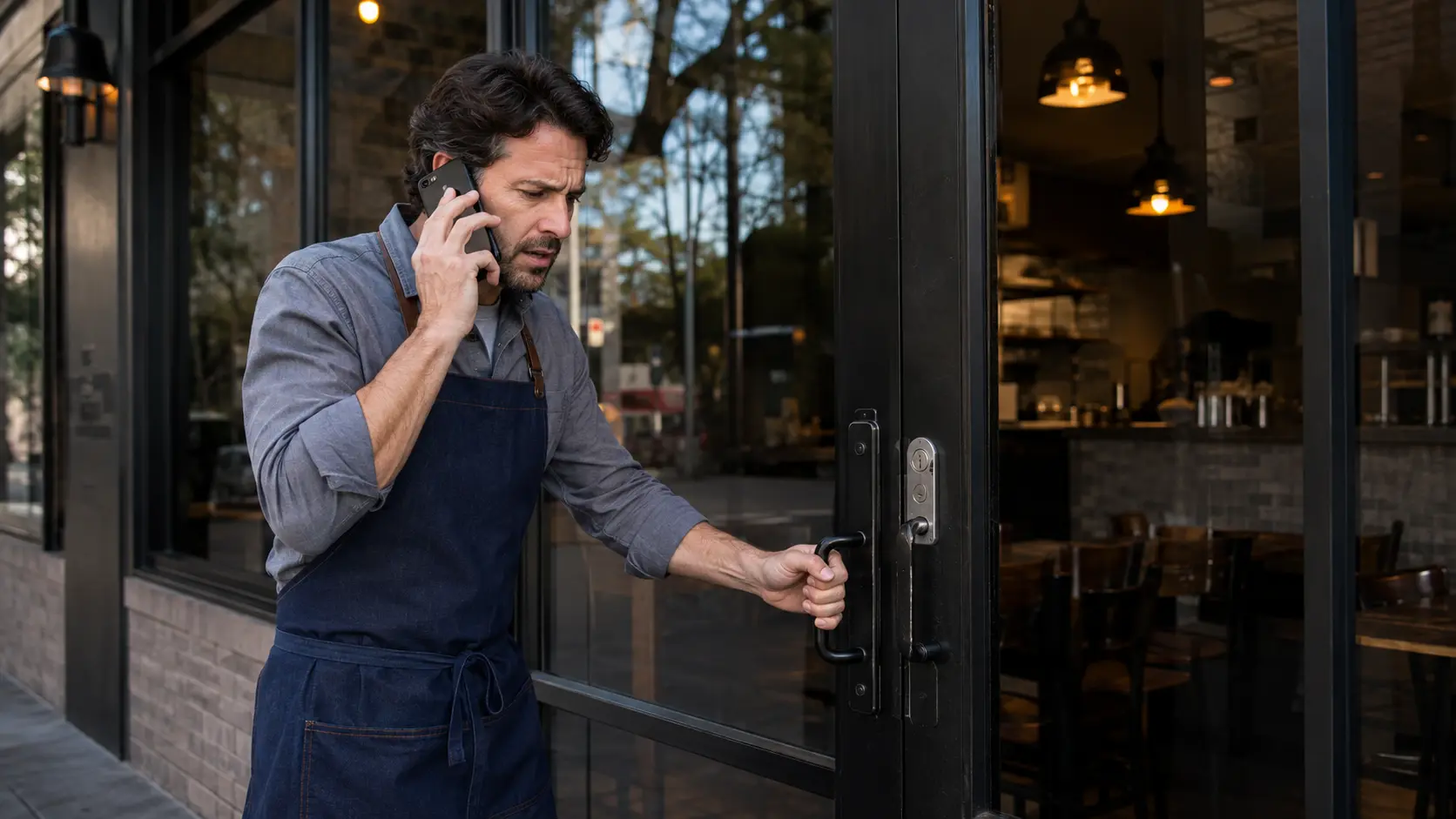 Illustrative restaurant owner distressed and calling for help outside a locked commercial entrance